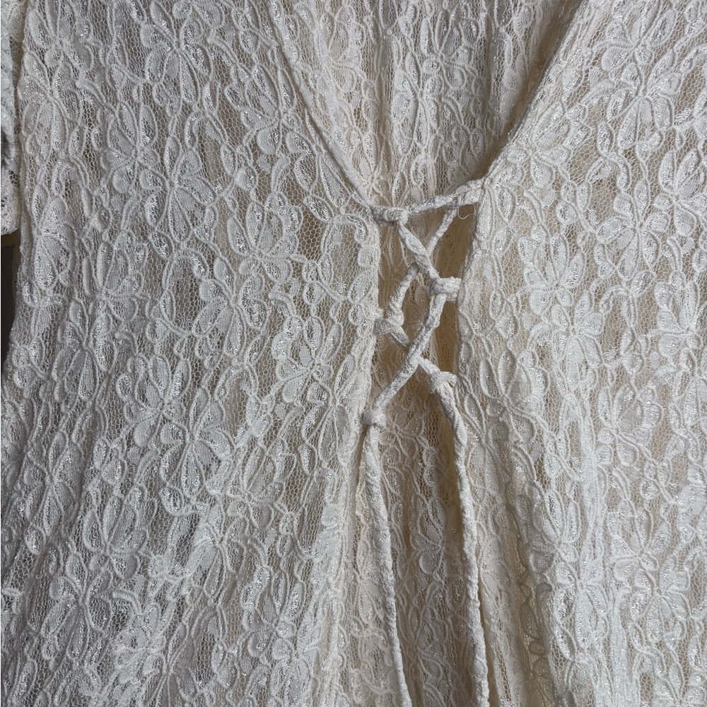 Vintage 90s Ivory Lace Midi Dress Pearl Buttons Cottagecore XL - Picture 7 of 9